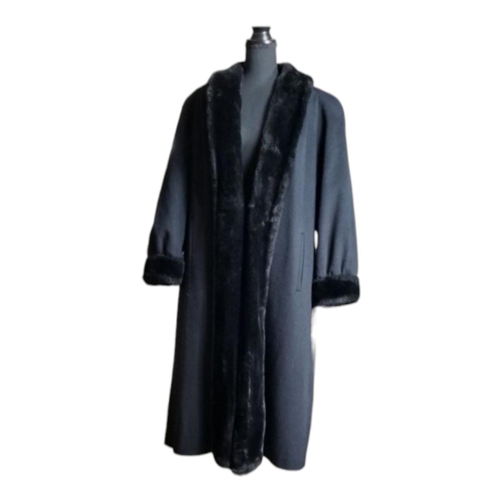 Alona Ladies Super Fina Black Wool with Fur trim Full Length Coat